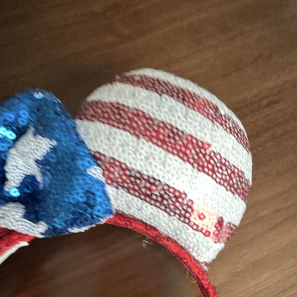 Disney Minnie Mouse USA Sequined Ears Bow Headband Striped Red/White/Blue - Picture 5 of 16